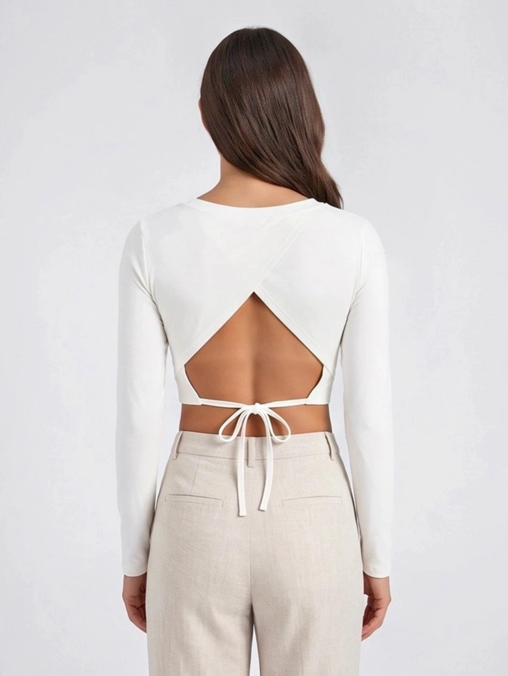 Halara White Long Sleeve Open Back Tie Crop Top – Small